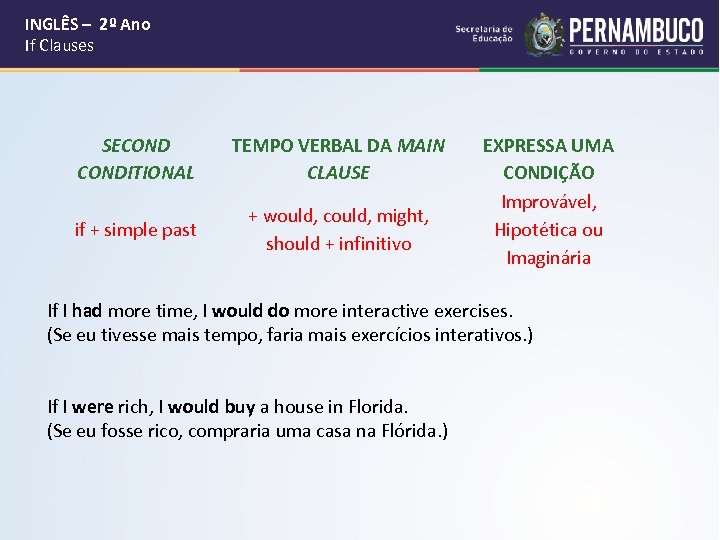  INGLÊS – 2º Ano If Clauses SECONDITIONAL TEMPO VERBAL DA MAIN CLAUSE if