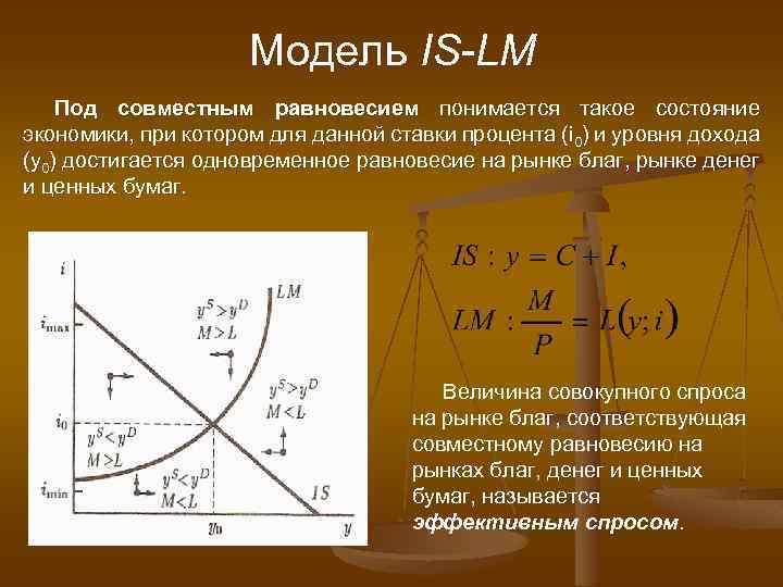 Модель IS-LM Под совместным равновесием понимается такое состояние экономики, при котором для данной ставки