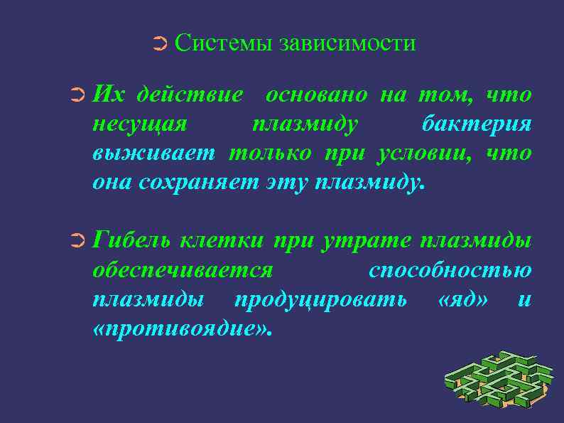 ➲ Системы зависимости ➲ Их действие основано на том, что несущая плазмиду бактерия выживает