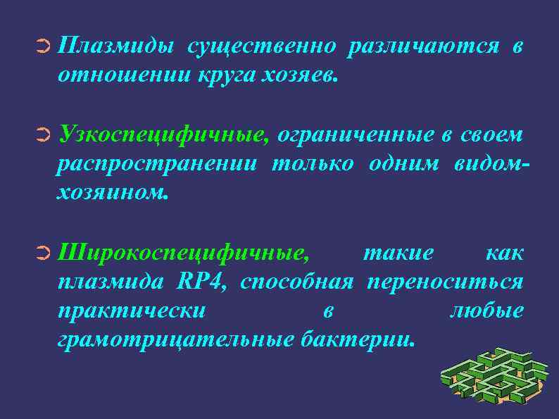 ➲ Плазмиды существенно различаются в отношении круга хозяев. ➲ Узкоспецифичные, ограниченные в своем распространении