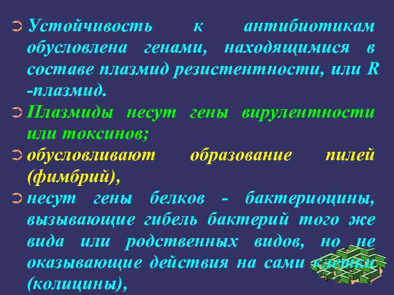 ➲ Устойчивость к антибиотикам обусловлена генами, находящимися в составе плазмид резистентности, или R -плазмид.