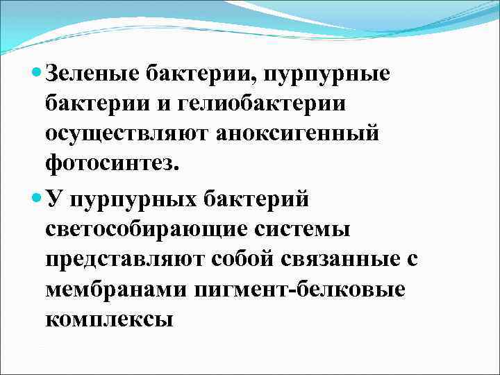  Зеленые бактерии, пурпурные бактерии и гелиобактерии осуществляют аноксигенный фотосинтез. У пурпурных бактерий светособирающие