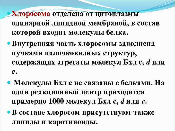  Хлоросома отделена от цитоплазмы одинарной липидной мембраной, в состав которой входят молекулы белка.