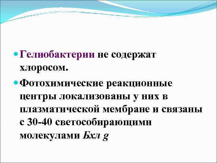  Гелиобактерии не содержат хлоросом. Фотохимические реакционные центры локализованы у них в плазматической мембране