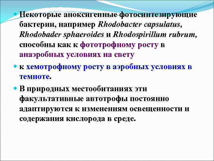  Некоторые аноксигенные фотосинтезирующие бактерии, например Rhodobacter capsulatus, Rhodobader sphaeroides и Rhodospirillum rubrum, способны
