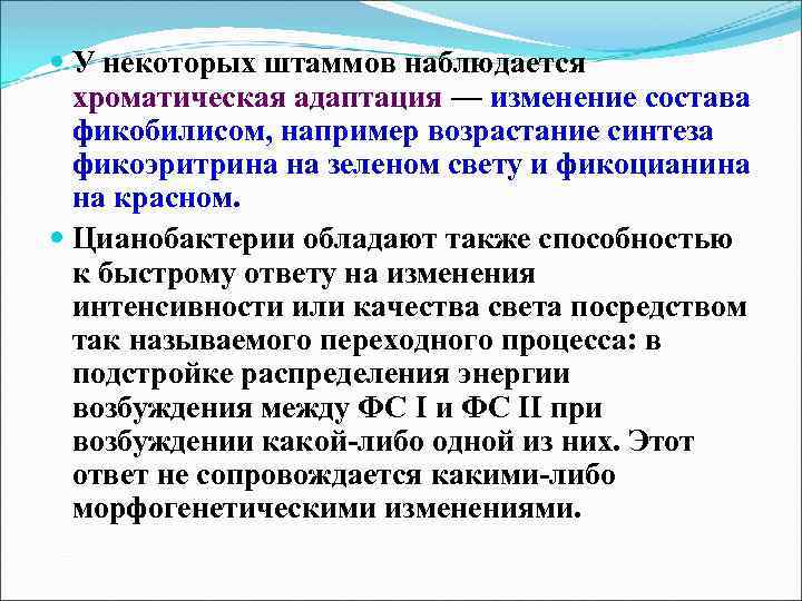  У некоторых штаммов наблюдается хроматическая адаптация — изменение состава фикобилисом, например возрастание синтеза