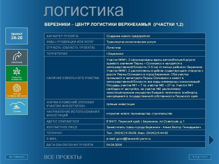 логистика БЕРЕЗНИКИ – ЦЕНТР ЛОГИСТИКИ ВЕРХНЕКАМЬЯ (УЧАСТКИ 1, 2) ХАРАКТЕР ПРОЕКТА ВИДЫ ПРОДУКЦИИ ИЛИ