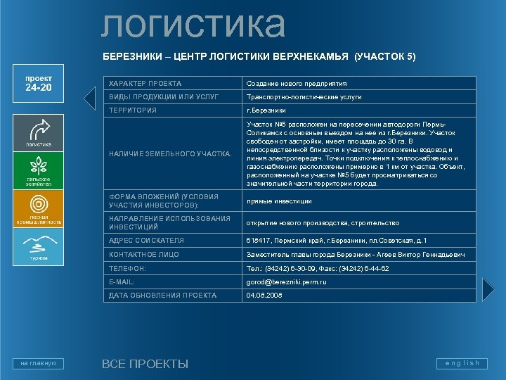 логистика БЕРЕЗНИКИ – ЦЕНТР ЛОГИСТИКИ ВЕРХНЕКАМЬЯ (УЧАСТОК 5) ХАРАКТЕР ПРОЕКТА ВИДЫ ПРОДУКЦИИ ИЛИ УСЛУГ
