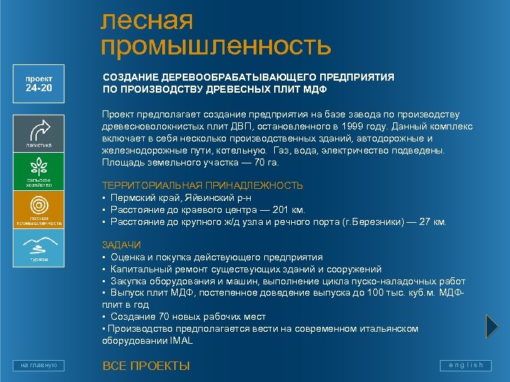 лесная промышленность СОЗДАНИЕ ДЕРЕВООБРАБАТЫВАЮЩЕГО ПРЕДПРИЯТИЯ ПО ПРОИЗВОДСТВУ ДРЕВЕСНЫХ ПЛИТ МДФ Проект предполагает создание предприятия