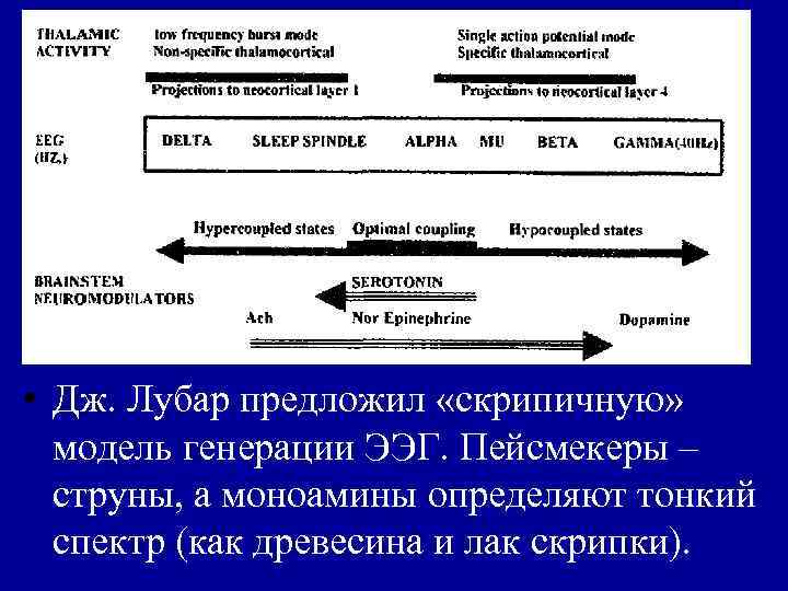  • Дж. Лубар предложил «скрипичную» модель генерации ЭЭГ. Пейсмекеры – струны, а моноамины
