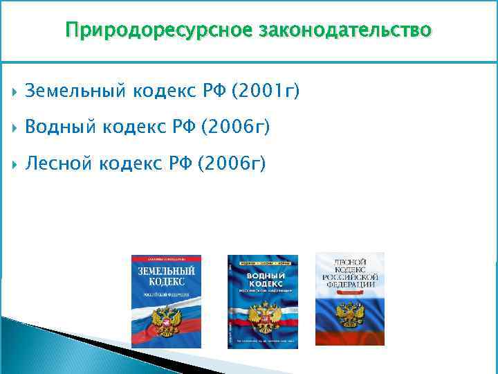 Природоресурсное законодательство Земельный кодекс РФ (2001 г) Водный кодекс РФ (2006 г) Лесной кодекс