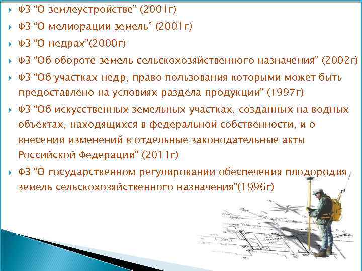  ФЗ “О землеустройстве” (2001 г) ФЗ “О мелиорации земель” (2001 г) ФЗ “О