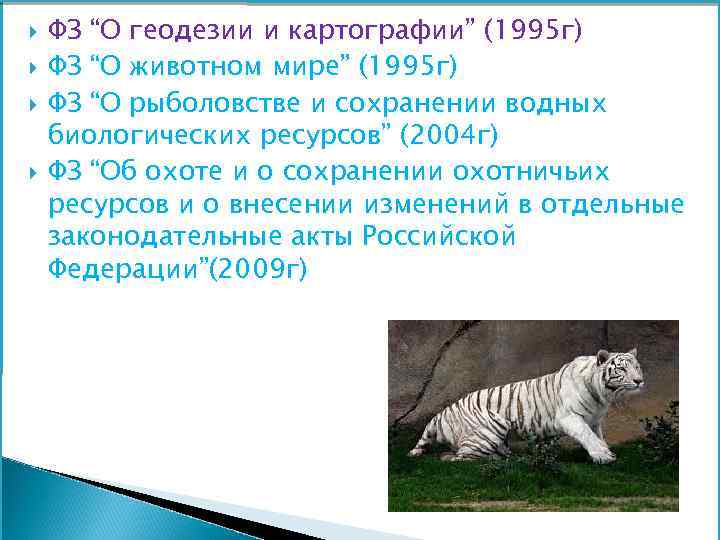  ФЗ “О геодезии и картографии” (1995 г) ФЗ “О животном мире” (1995 г)