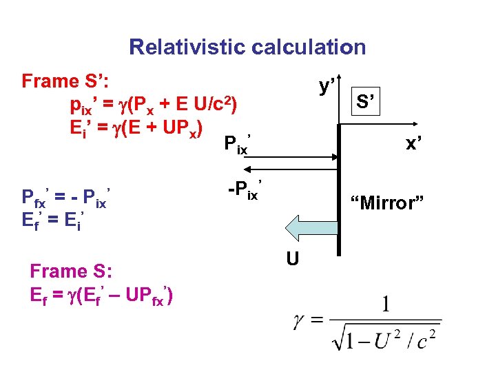 Relativistic calculation Frame S’: pix’ = (Px + E U/c 2) Ei’ = (E