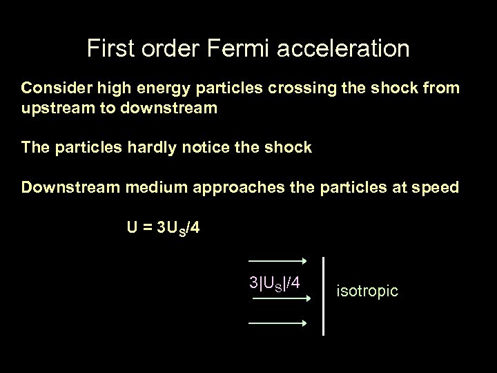 First order Fermi acceleration Consider high energy particles crossing the shock from upstream to
