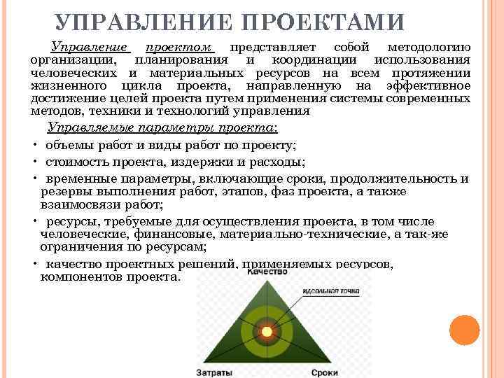 УПРАВЛЕНИЕ ПРОЕКТАМИ Управление проектом представляет собой методологию организации, планирования и координации использования человеческих и
