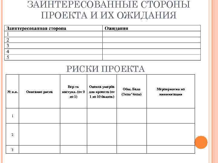 ЗАИНТЕРЕСОВАННЫЕ СТОРОНЫ ПРОЕКТА И ИХ ОЖИДАНИЯ РИСКИ ПРОЕКТА № п. п. Описание риска Вер-ть