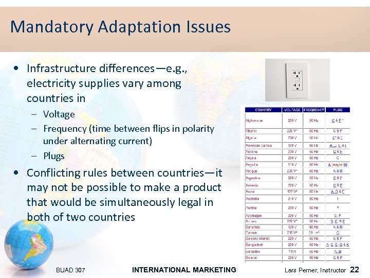 Mandatory Adaptation Issues • Infrastructure differences—e. g. , electricity supplies vary among countries in