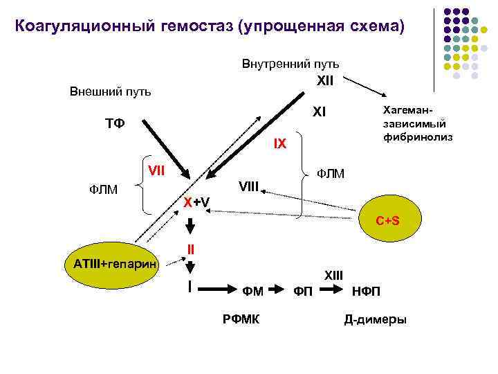 Коагуляционный гемостаз (упрощенная схема) Внутренний путь XII Внешний путь Хагеманзависимый фибринолиз XI ТФ IX