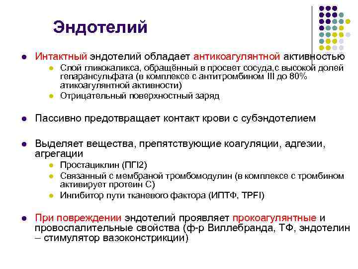 Эндотелий l Интактный эндотелий обладает антикоагулянтной активностью l l Слой гликокаликса, обращённый в просвет