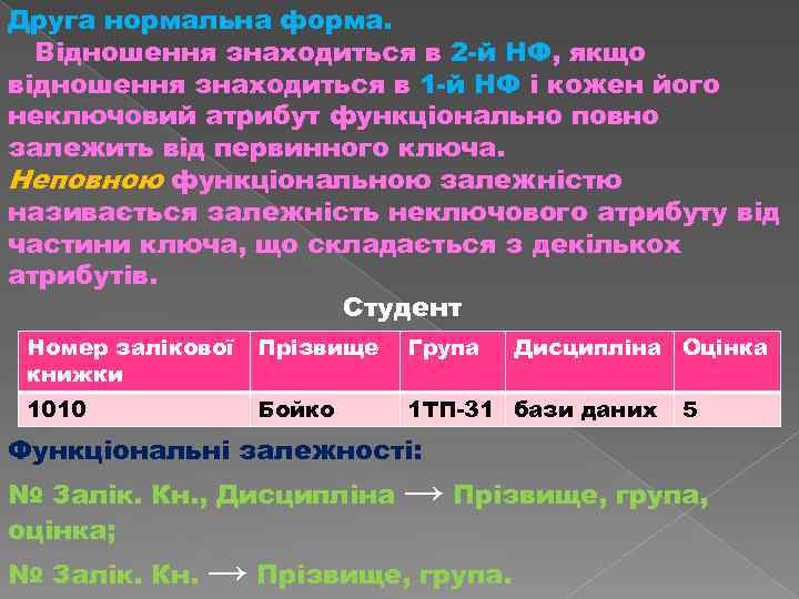 Друга нормальна форма. Відношення знаходиться в 2 й НФ, якщо відношення знаходиться в 1