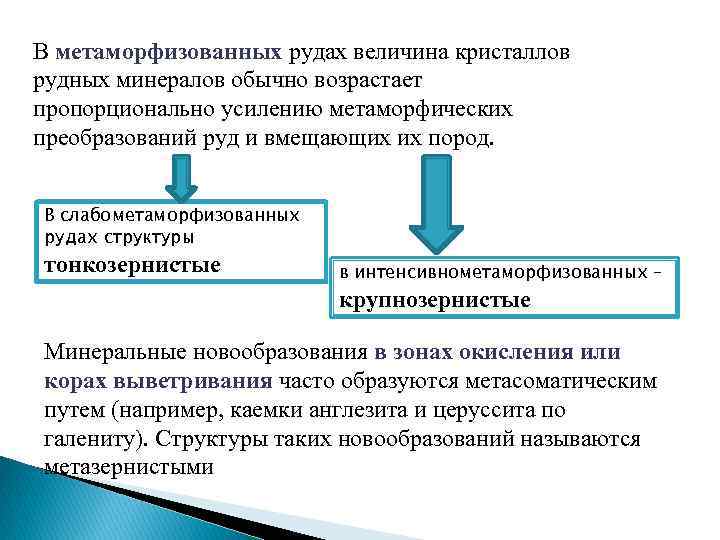 В метаморфизованных рудах величина кристаллов рудных минералов обычно возрастает пропорционально усилению метаморфических преобразований руд