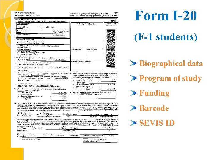 Form I-20 (F-1 students) Biographical data Program of study Funding Barcode SEVIS ID 