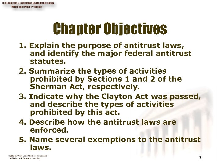 Chapter Objectives 1. Explain the purpose of antitrust laws, and identify the major federal