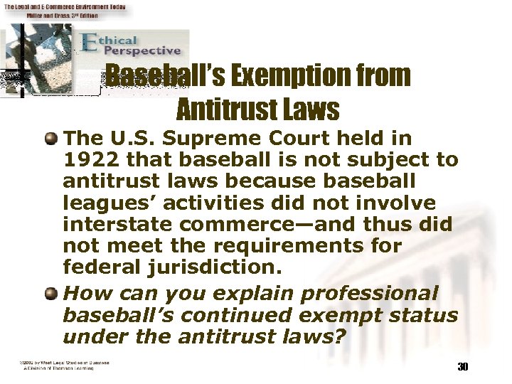 Baseball’s Exemption from Antitrust Laws The U. S. Supreme Court held in 1922 that