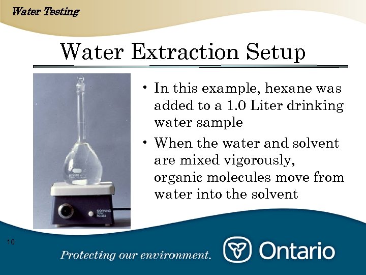 Water Testing Water Extraction Setup • In this example, hexane was added to a