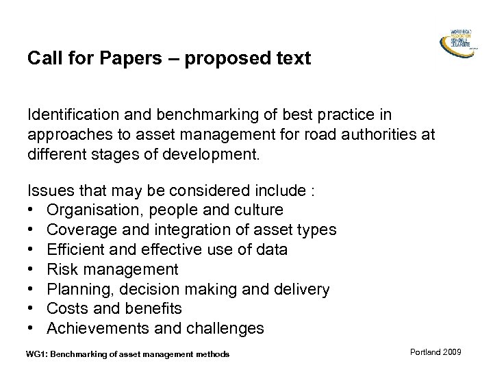 Call for Papers – proposed text Identification and benchmarking of best practice in approaches