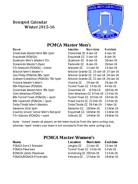 Bonspiel Calendar Winter 2015 -16 PCMCA Master Men’s Name Cloverdale Master Men 60+ Spiel
