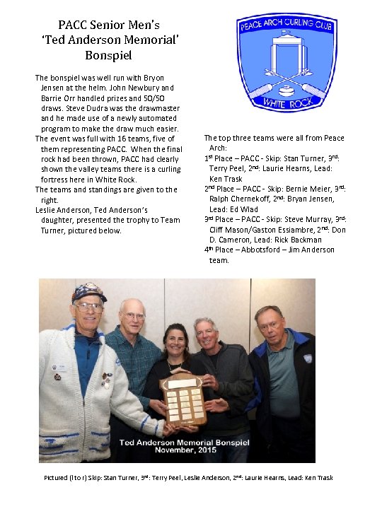 PACC Senior Men’s ‘Ted Anderson Memorial’ Bonspiel The bonspiel was well run with Bryon