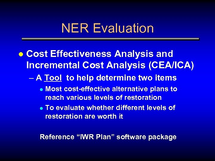NER Evaluation l Cost Effectiveness Analysis and Incremental Cost Analysis (CEA/ICA) – A Tool