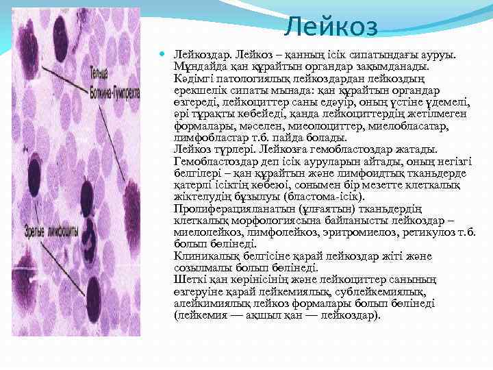 Лейкоз Лейкоздар. Лейкоз – қанның ісік сипатындағы ауруы. Мұндайда қан құрайтын органдар зақымданады. Кәдімгі