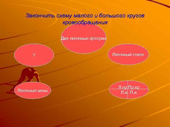 Закончить схему малого и большого кругов кровообращения Две легочные артерии ? Легочные вены Легочный