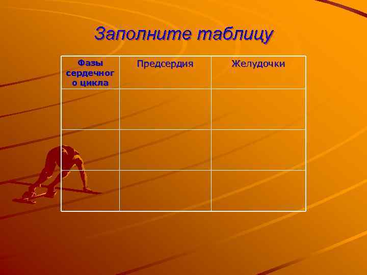 Заполните таблицу Фазы сердечног о цикла Предсердия Желудочки 