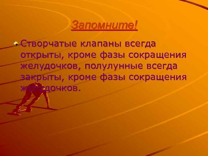Запомните! Створчатые клапаны всегда открыты, кроме фазы сокращения желудочков, полулунные всегда закрыты, кроме фазы