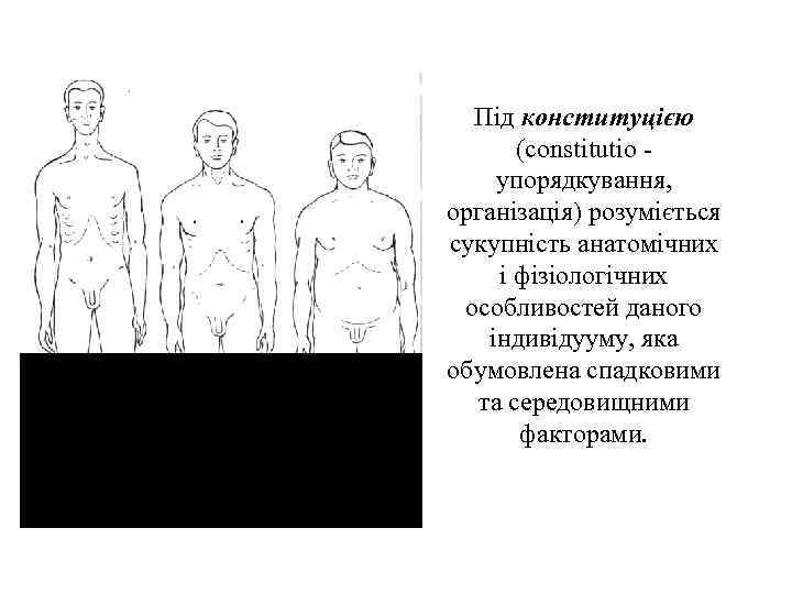 Під конституцією (constitutio упорядкування, організація) розуміється сукупність анатомічних і фізіологічних особливостей даного індивідууму, яка