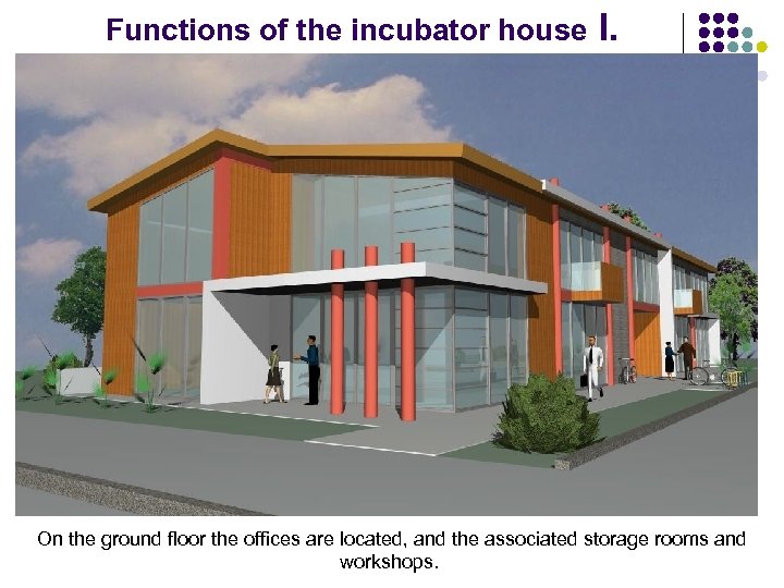 Functions of the incubator house I. On the ground floor the offices are located,