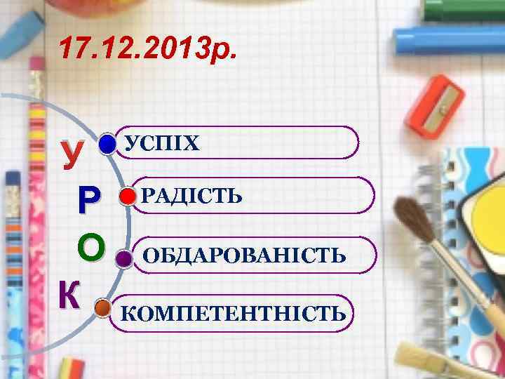 17. 12. 2013 р. У Р О К УСПІХ РАДІСТЬ ОБДАРОВАНІСТЬ КОМПЕТЕНТНІСТЬ 