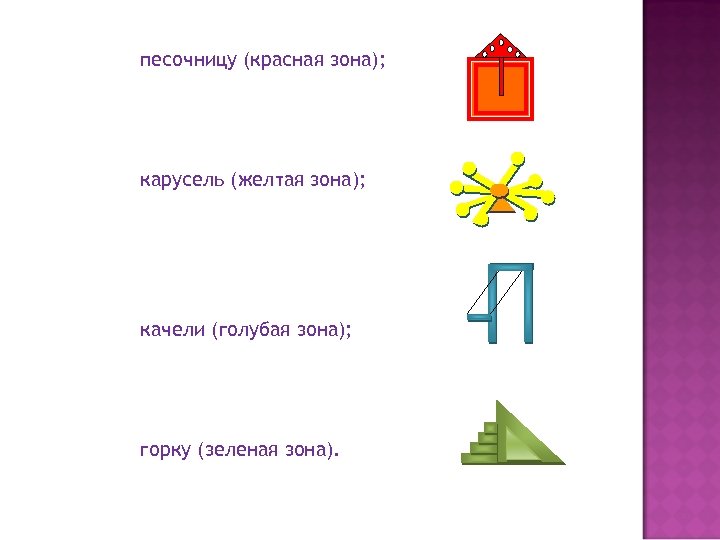 песочницу (красная зона); карусель (желтая зона); качели (голубая зона); горку (зеленая зона). 