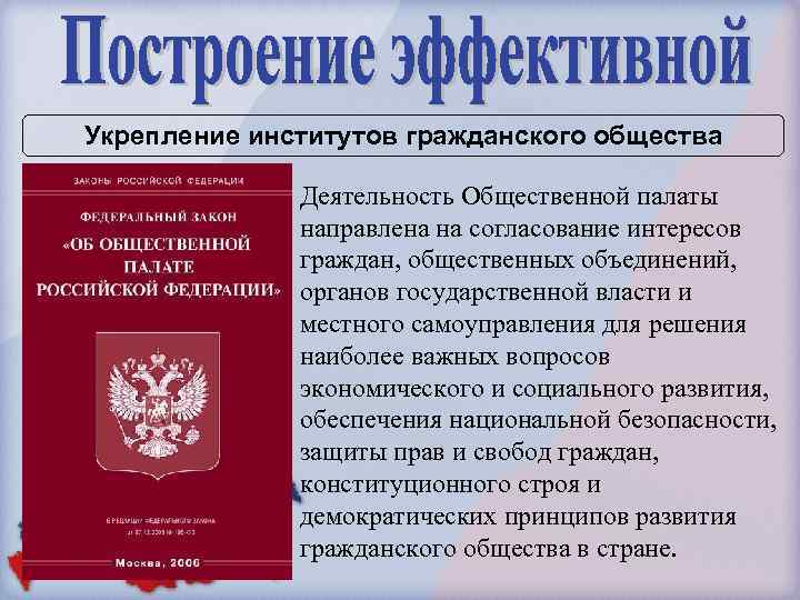 Укрепление институтов гражданского общества Деятельность Общественной палаты направлена на согласование интересов граждан, общественных объединений,