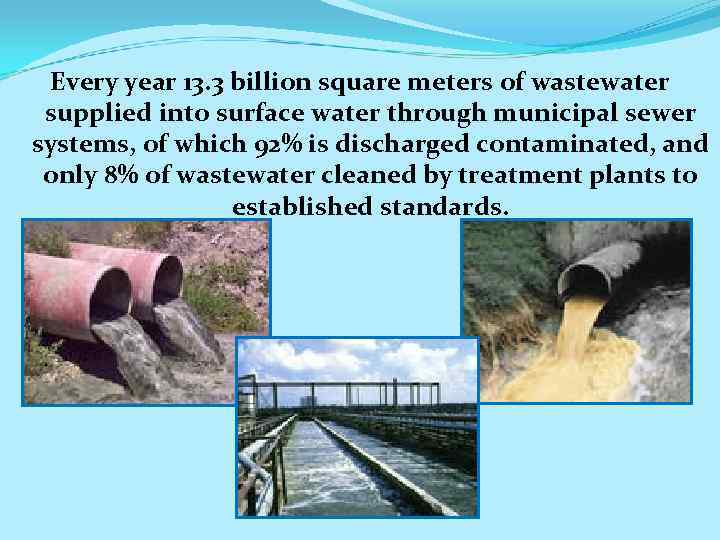 Every year 13. 3 billion square meters оf wastewater supplied into surface water through