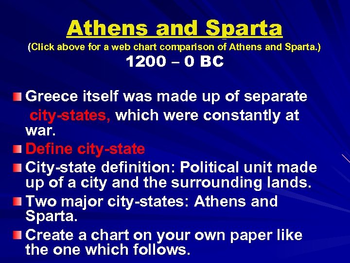 Athens and Sparta (Click above for a web chart comparison of Athens and Sparta.