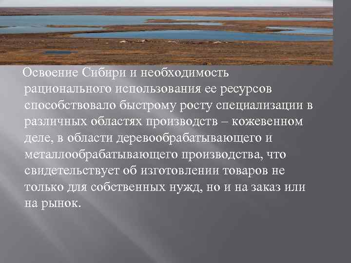  Освоение Сибири и необходимость рационального использования ее ресурсов способствовало быстрому росту специализации в