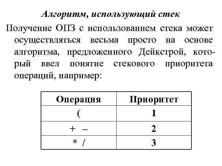 Алгоритм, использующий стек Получение ОПЗ с использованием стека может осуществляться весьма просто на основе