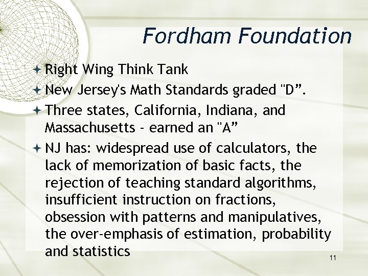 Fordham Foundation Right Wing Think Tank New Jersey's Math Standards graded 