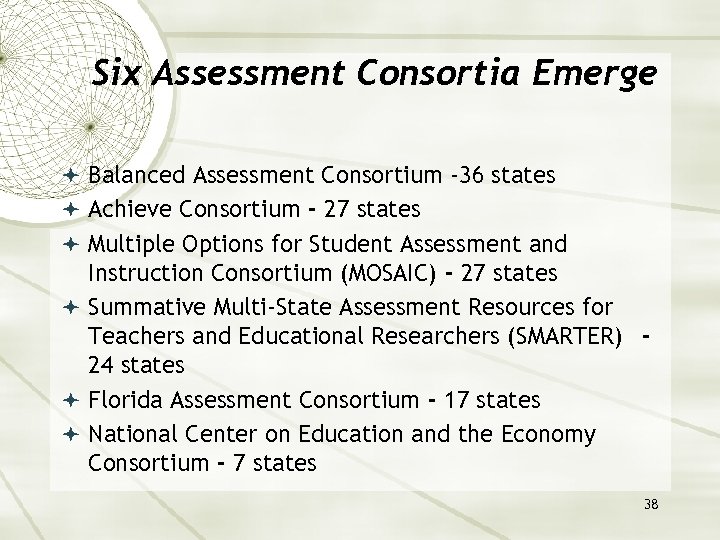 Six Assessment Consortia Emerge Balanced Assessment Consortium -36 states Achieve Consortium - 27 states