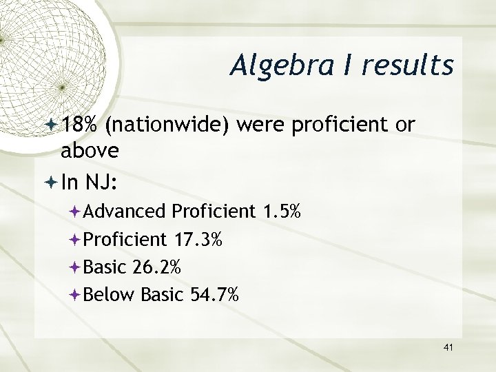 Algebra I results 18% (nationwide) were proficient or above In NJ: Advanced Proficient 1.